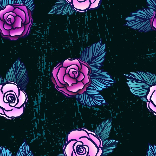 Inkoustu ručně tažené bezešvé pattern s růžové růže na černém pozadí — Stockový vektor