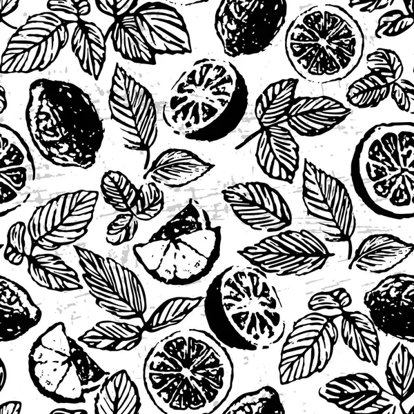 インクは、フルーツのスライスとレモンのシームレスなパターンで描かれた茶を手します。 — ストックベクタ