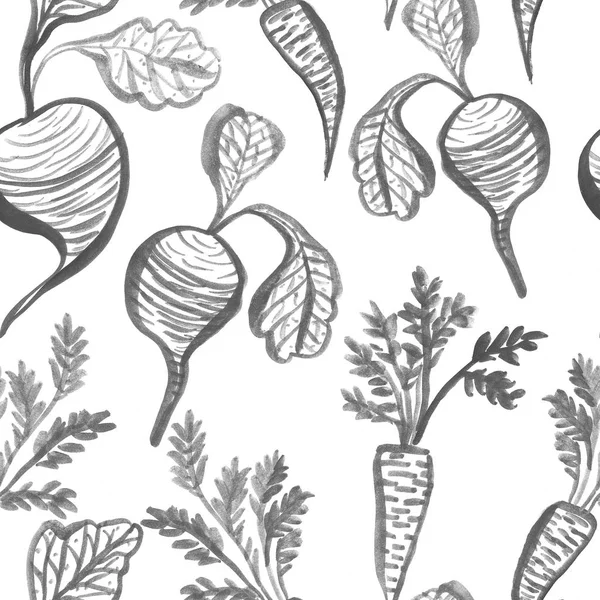 Aquarell handgezeichnetes nahtloses Muster mit Rüben und Karotten — Stockfoto