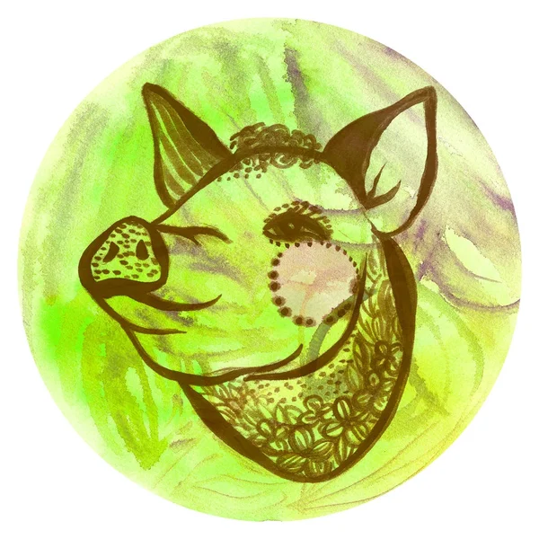 Domuz Vegan tarzı illüstrasyon ile suluboya rozet