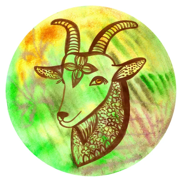 Watercolor badge with goat Vegan style illustration — Stock Photo, Image