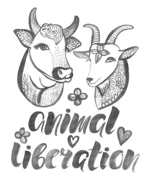 Djurens frigörelse akvarell affisch med gårdens djur ko och get — Stockfoto
