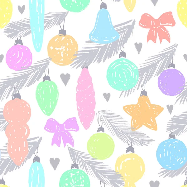 Tinta dibujada a mano patrón sin costura con adornos de árbol de Navidad — Vector de stock