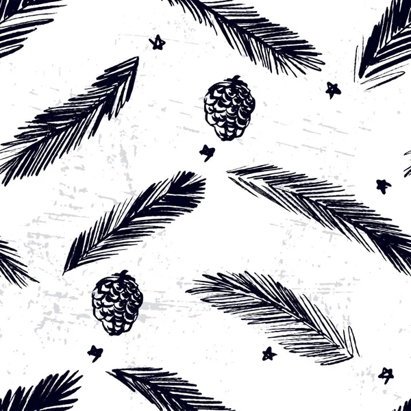 Encre dessinée à la main motif sans couture arbre de Noël avec des branches et des cônes — Image vectorielle