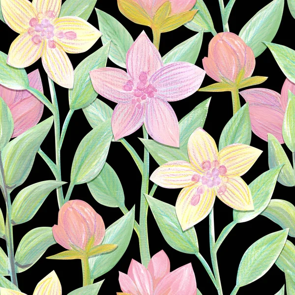 Gouache geschilderd bloemen en bladeren lichte naadloze patroon — Stockfoto