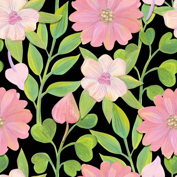 Guazzo dipinto fiori e foglie Luminoso modello senza cuciture — Foto Stock