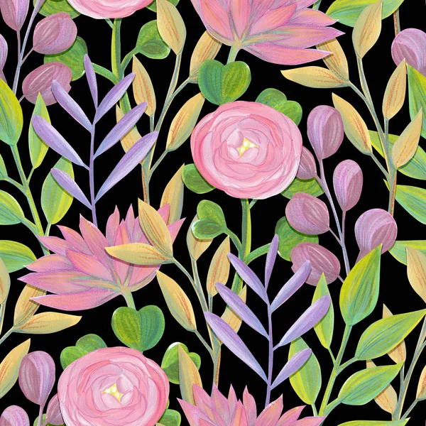 Gouache pintado flores y hojas patrón brillante sin costuras —  Fotos de Stock
