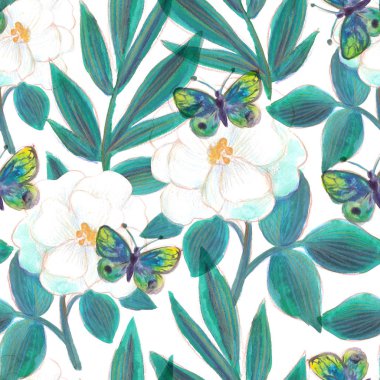 Sulu boya boyalı çiçekler ve kelebekler parlak seamless modeli