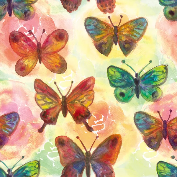 Acuarela flores pintadas y mariposas patrón brillante sin costuras — Foto de Stock