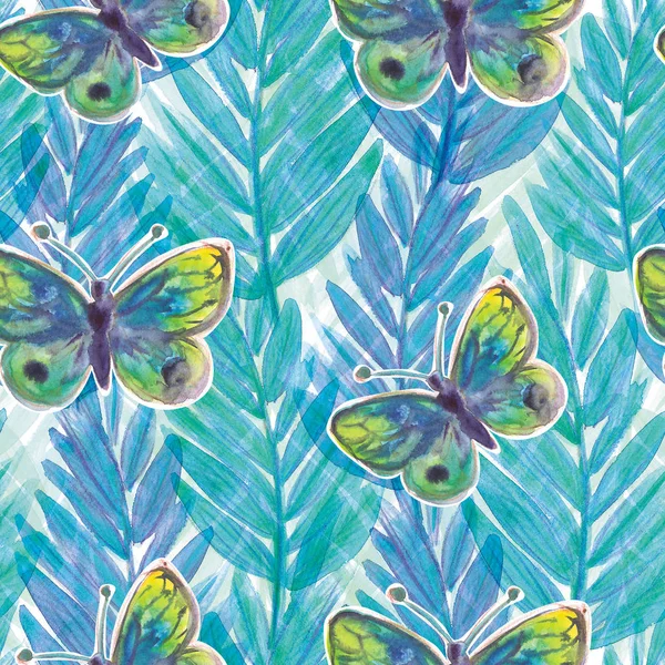 Acuarela pintado plantas y mariposas patrón brillante sin costuras — Foto de Stock