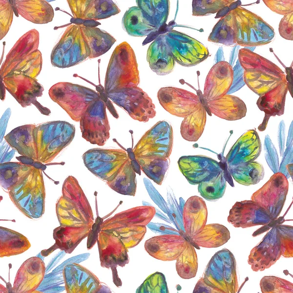 Acuarela mariposas pintadas patrón brillante sin costuras — Foto de Stock