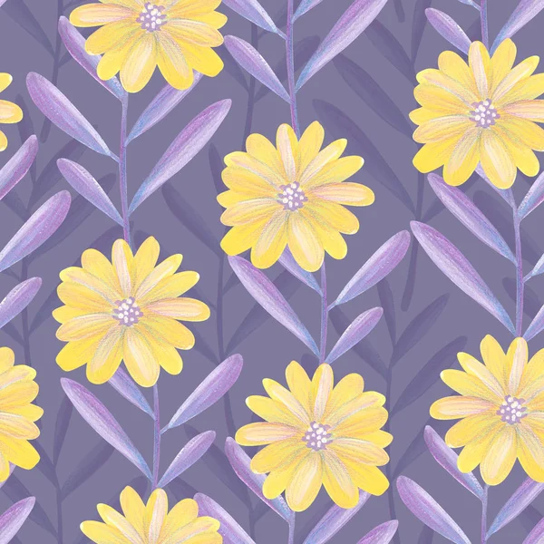 Design floral lumineux sans couture avec des feuilles violettes et des fleurs jaunes — Photo