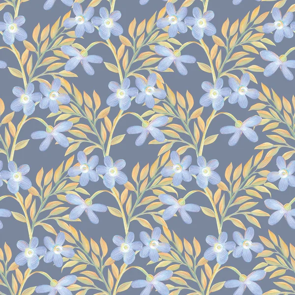 Яркий цветочный дизайн с голубыми цветами и золотыми листьями — стоковое фото