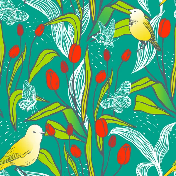 与郁金香, 蝴蝶和鸟的明亮的春天无缝设计 — 图库矢量图片
