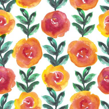 Beyaz zemin üzerine suluboya Güllü parlak çiçek sorunsuz tasarım