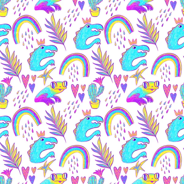 Seamless pattern on the boy wonder theme with rainbows, dinosaurs, frogs, hearts, raindrops, palm leaves and stars — Stock Photo, Image