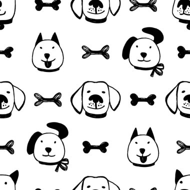 Mürekkepsiz el çizimi, kemikler ve komik köpek yüzleri.