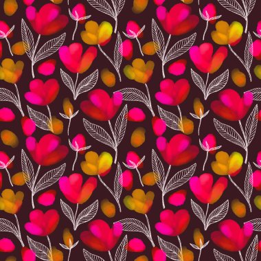 Koyu arkaplanda turuncu kırmızı ve pembe suluboya çiçekleri olan kusursuz desen