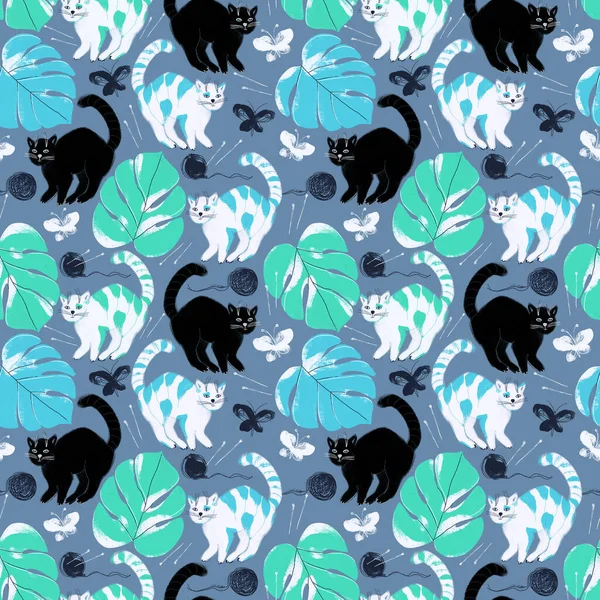 Απρόσκοπτη Μοτίβο Ψηφιακές Ζωγραφισμένες Γάτες Και Φύλλα Monstera Μπλε Φόντο — Φωτογραφία Αρχείου