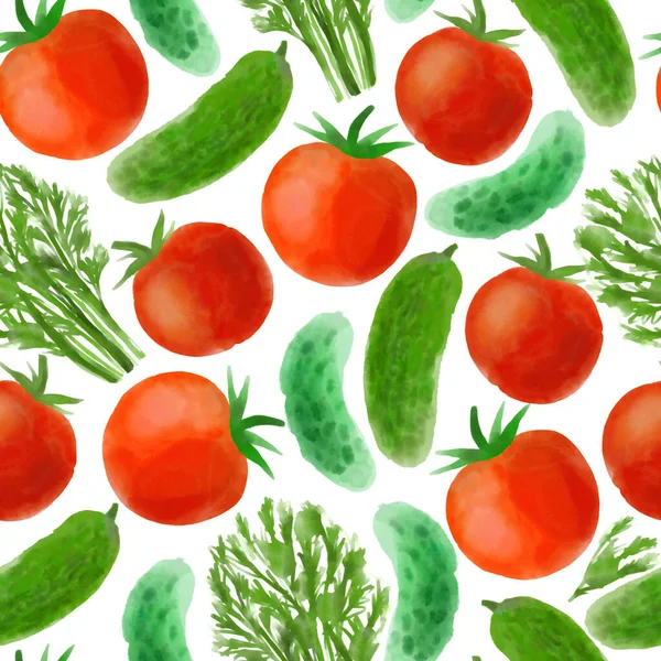 白い背景に明るいデジタル水彩トマトとキュウリとシームレスなデザイン — ストック写真