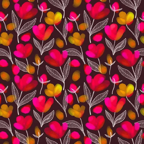 Koyu arkaplanda turuncu kırmızı ve pembe suluboya çiçekleri olan kusursuz desen