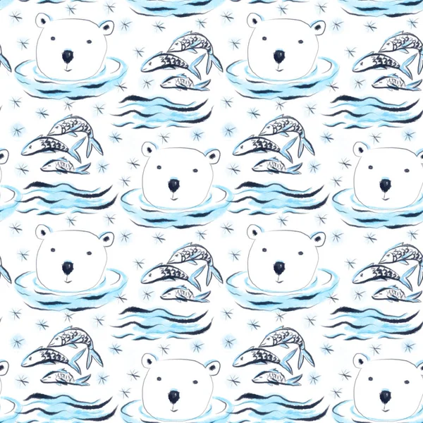 Cute Childish Seamless Pattern Polar Bears Fish Snowflakes — Stock Photo, Image