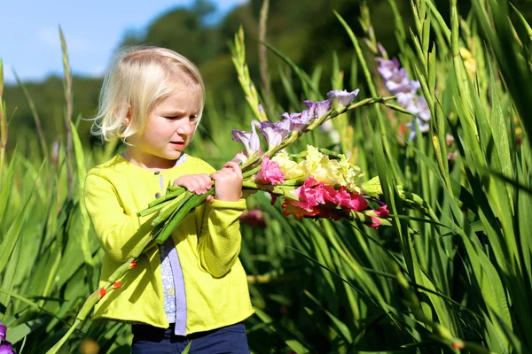 Liten flicka plocka blommor i fältet — Stockfoto