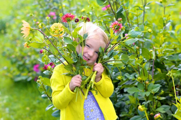 Mała dziewczynka zbierając kwiaty w polu — Zdjęcie stockowe