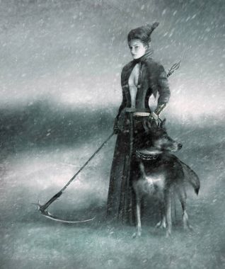 bir kadının bir tırpan ve bir kar fırtınası içinde a köpek ile stilize görüntü