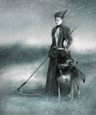 stylized image of a woman with a scythe and a dog in a snowstorm clipart