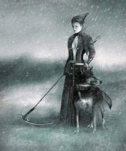 Stylized Image Woman Scythe Dog Snowstorm — Stock Photo, Image