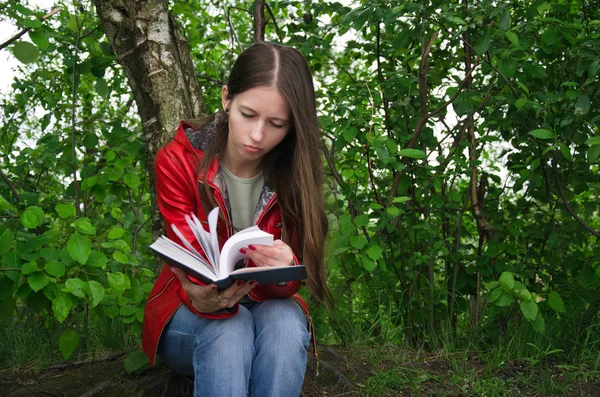 Ξεφυλλίζοντας Ένα Βιβλίο Που Κάθεται Ένα Δέντρο Στο Δάσος Κορίτσι — Φωτογραφία Αρχείου