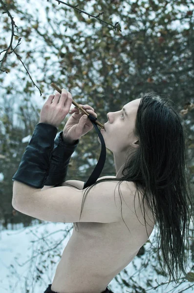 冬の森でフルートを演奏するエルフ — ストック写真