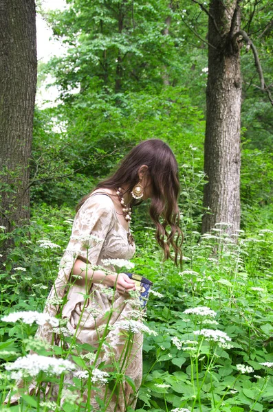 Žena v dlouhé vintage šaty jde mezi vysokými travinami a carrie — Stock fotografie