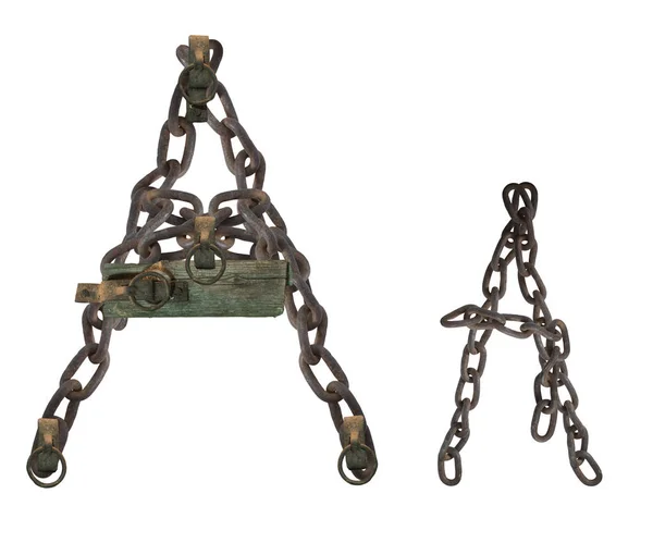 letter A from rusty old chains and rotten wooden leash, isolate on white background