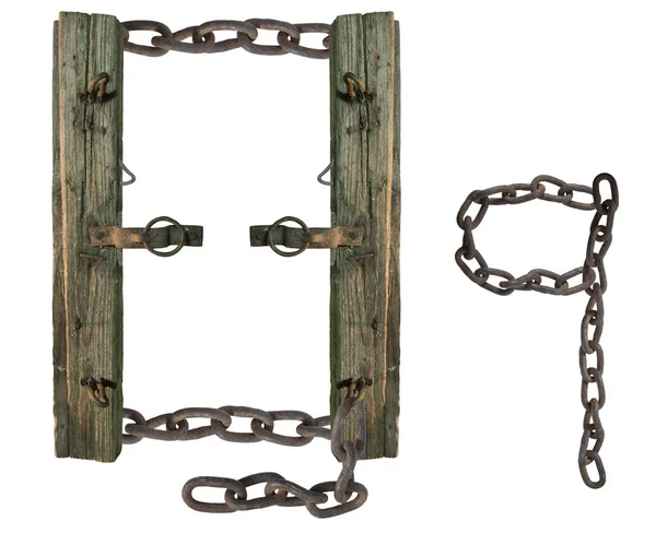 letter Q from rusty old chains and rotten wooden leash, isolate on white background