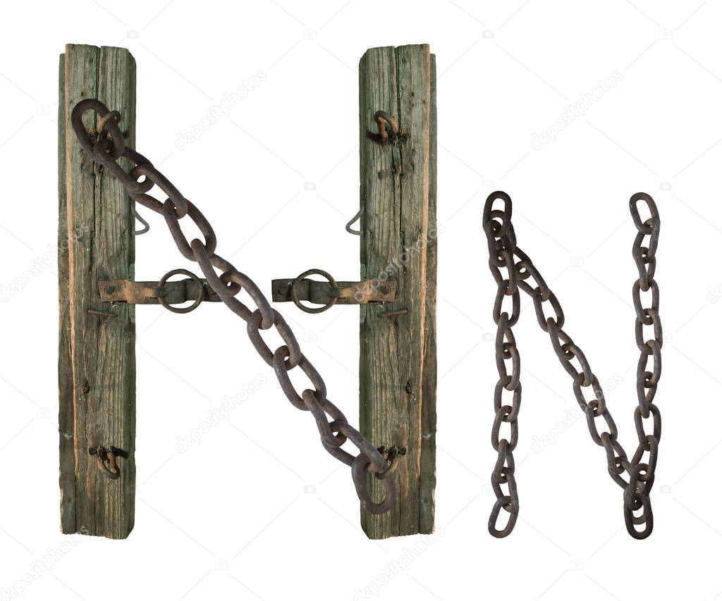 letter N from rusty old chains and rotten wooden leash, isolate on white background