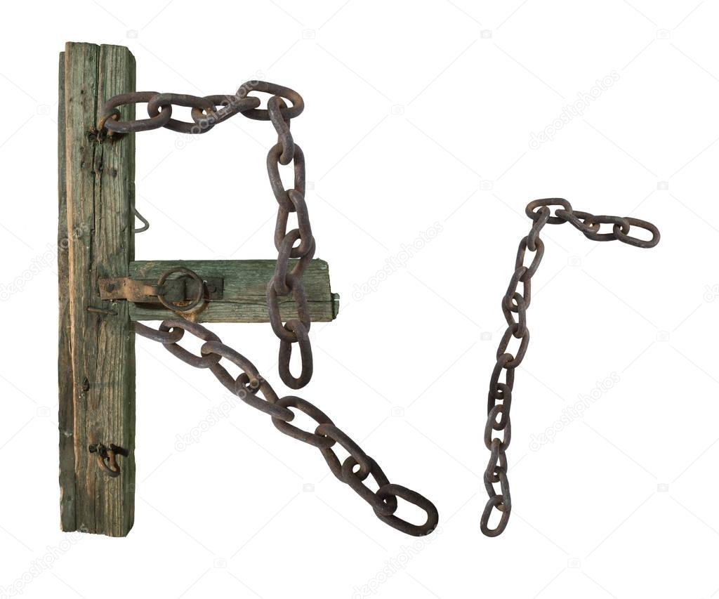 letter R from rusty old chains and rotten wooden leash, isolate on white background