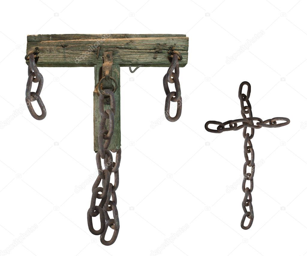 letter T from rusty old chains and rotten wooden leash, isolate on white background