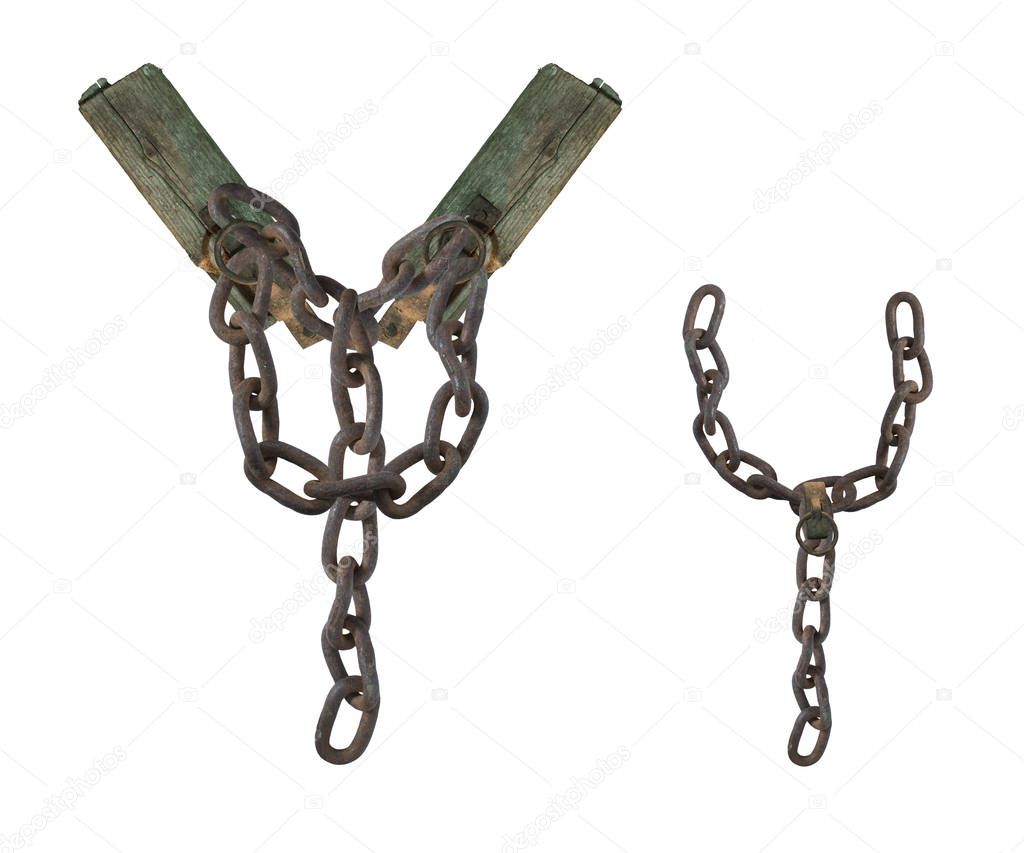 letter Y from rusty old chains and rotten wooden leash, isolate on white background