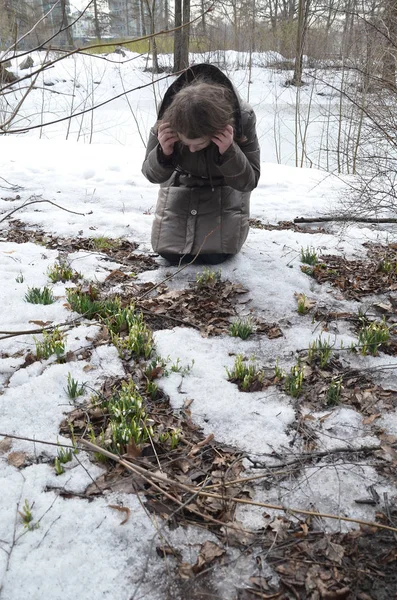 Menina Snowdrops Fez Seu Caminho Através Neve — Fotografia de Stock