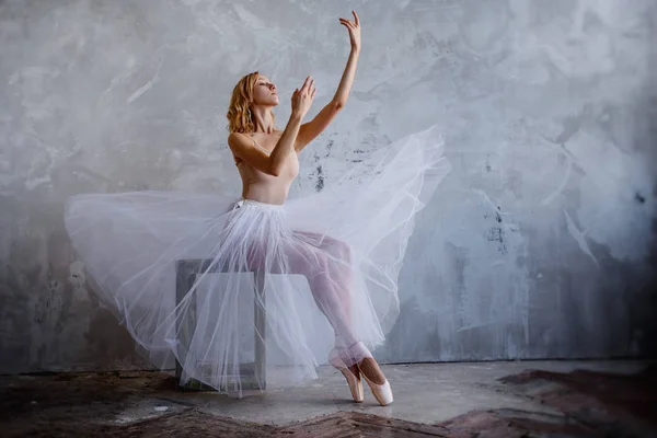 Junge und schlanke Balletttänzerin posiert in einem stilvollen Studio mit großen Fenstern — Stockfoto