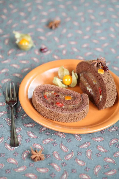 Two pieces of Chocolate Swiss Roll Cake