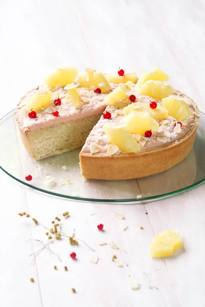 Coconut Tart with Guava Topping Cream and Pineapple Slices — Stock Photo, Image