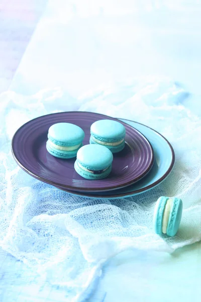Modrá Macarons s krémovým sýrem a borůvkovou náplní, na světle modrém pozadí. — Stock fotografie