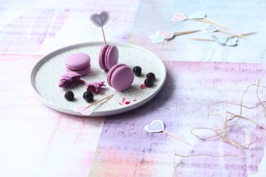 Mor Macarons çikolata Siyah frenk üzümü doldurma ile ışık arka plan üzerinde gri plaka üzerinde.