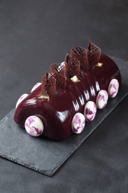 Kakao ayna sır macarons ve koyu gri arka plan üzerinde çikolata elemanları ile dekore edilmiş, çağdaş Siyah frenk üzümü çikolata Yule Log kaplı.