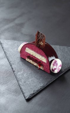 Kakao ayna sır macarons ve koyu gri arka plan üzerinde çikolata elemanları ile dekore edilmiş, parça, çağdaş Siyah frenk üzümü çikolata Yule Log kaplı.