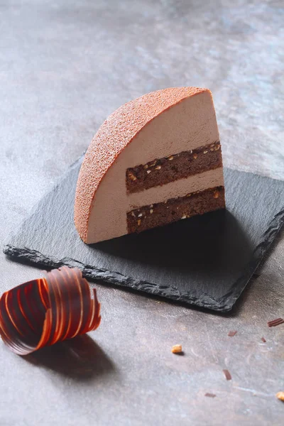 Contemporary Chocolate Hazelnut Dome Mousse Cake Covered Chocolate Velvet Spray — Stock Photo, Image