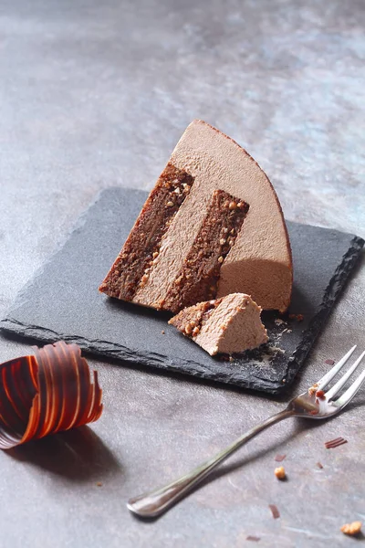 Contemporary Chocolate Hazelnut Dome Mousse Cake Covered Chocolate Velvet Spray — Stock Photo, Image